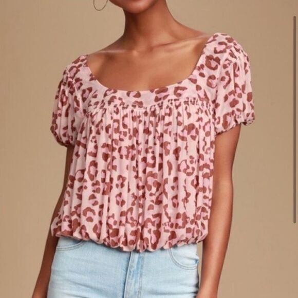 Free People Meg Leopard Print Blouse Pink Blush - Picture 1 of 10